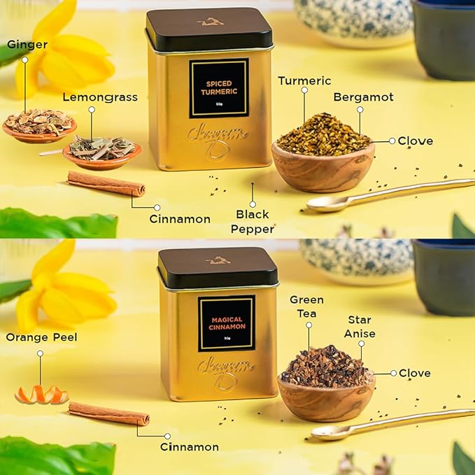 CHAYAM Blissful Infusion – Spiced Turmeric & Magical Cinnamon Wellness Tea Gift Set (2 x 1.76oz) + Infuser | Loose Leaf Black & Green Tea Caddies for Tea Lovers