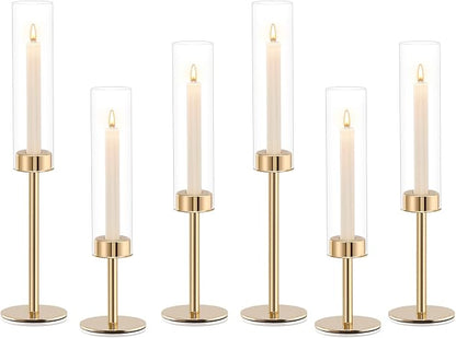 Gold Hurricane Candle Holders Set of 6, Tall Metal Windproof Glass Taper Candle - Image 9