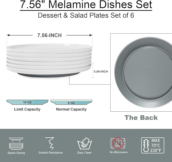 Webbylee Melamine Dessert Plates Set of 6-7.5" Serving Durable Dishes Perfect for Kitchen Outdoor Use,Durable Small Plates for Salad-White & Grey