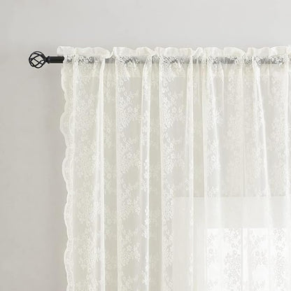 YJ YANJUN Vintage Lace Curtains Ivory Floral 105 inch Curtains 2 Panels - Image 2