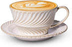Ceramic Latte Cup with Saucer, 12 OZ Cappuccino Cup Vintage Cafe Art Cups for Espresso Turkish Coffee, Farmhouse Latte Mugs Tea Cups and Saucers Porcelain Set for Baristas Great Gift
