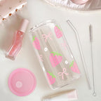Strawberry 16 Oz Can Glass Tumbler with Acrylic Lid and Straw - Iced Coffee Cups for Women, Aesthetic Glass Cup Gift for Birthday Christmas