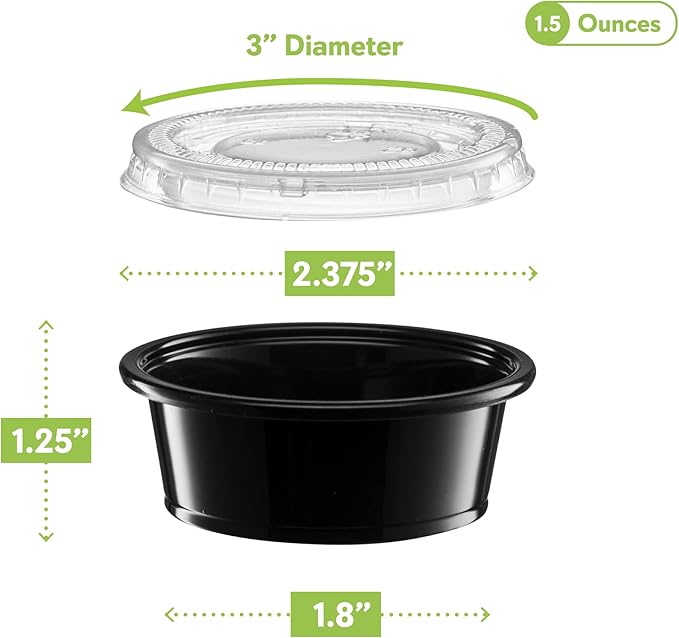 (1.5 oz - 100 Sets) Black Diposable Plastic Portion Cups With Lids, Small Mini Containers For Portion Controll, Jello Shots, Meal Prep, Sauce Cups, Slime, Condiments Disposable Souffle Cups