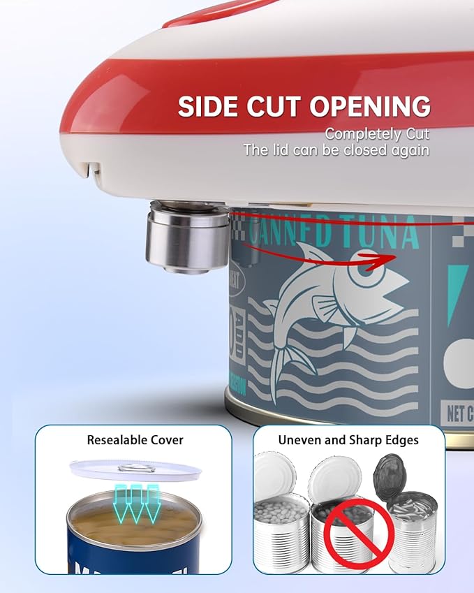 CIRCLE JOY Electric Can Opener, One-Touch Automatic Can Opening with Smooth Edges, Food Safety Handheld Battery-Operated Can Opener for Kitchen and Seniors, Red