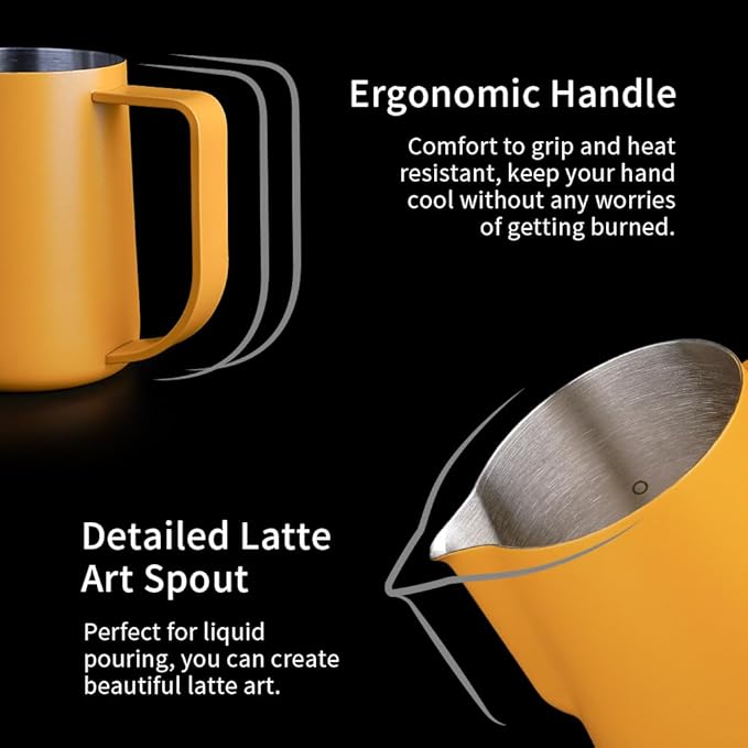 watchget Milk Frothing Pitcher 250ml/8oz Stainless Steel Espresso Steaming Jug with Matte Yellow Coating, Latte Art Coffee Frother Cup
