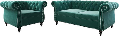 2 Piece Living Room Set, Velvet Chesterfield Sofa Loveseat Couch Chair by ORRD