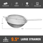 Walfos 9.5 Inch Large Fine Mesh Strainer, Stainless Steel 30 Mesh Sieve with Sturdy Handle, Kitchen Food Strainers Sifters for Rice, Quinoa, Pasta, Fruits, Vegetables, etc.
