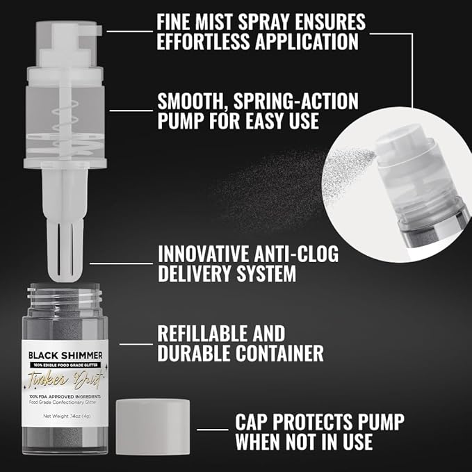 Bakell - Black Tinker Dust (4g, 1x Mini Spray Pump) Edible Glitter for Food, Desserts, and Beverages!
