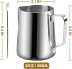 Milk Frothing Pitcher, 350ml/600ml (12oz/20oz) Milk Frother Cup Stainless Steel Jug Steaming Pitcher, Milk Coffee Cappuccino Latte Art Barista Steam Pitchers Milk Jug Cup with Decorating Pen