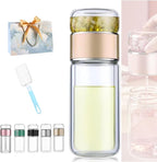 Tryteava Glass Infuser, Tryteava 3-in-1 Smart Tea Infuser, Portable Glass Double Wall Tea Infusers Bottle, with Stainless Steel Filter, Hot & Cold Brew, For Loose Leaf, Office Home (Gold, 280ml)