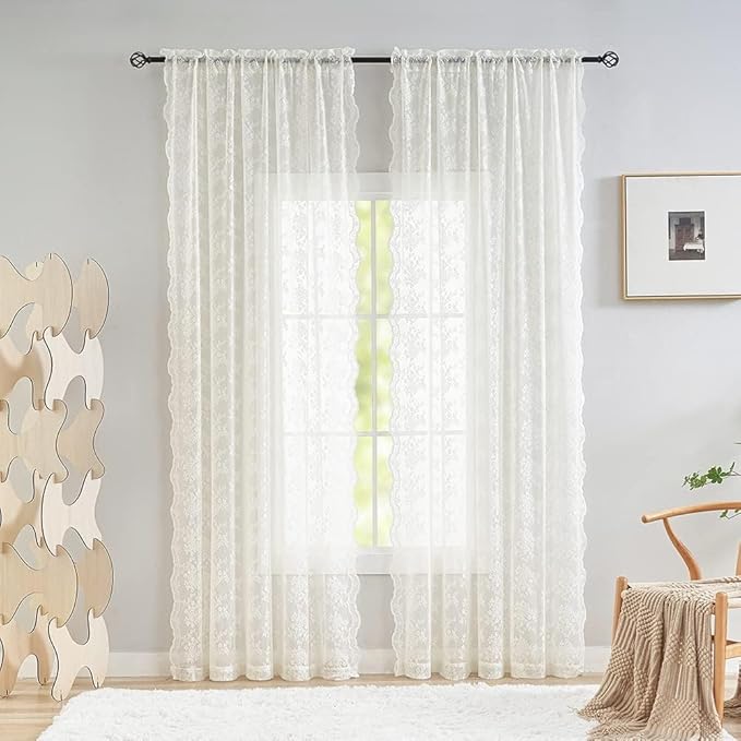 YJ YANJUN Vintage Lace Curtains Elegant Flower Off White 132 inch Curtains 1 - Image 2
