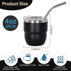 4oz Stackable Cup, Vacuum Insulated Espresso Cup Set of 2, Espresso Shot Glass for Coffee, Double Wall Stainless Steel Mini Tumbler Shot Glasses with Straw and Lid (A-black2P, 4oz)