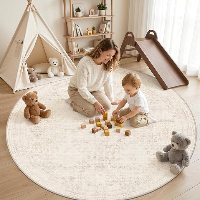 Round Area Rug Living Room: 6ft Neutral Washable Carpet Rug Beige | Vintage - Image 3