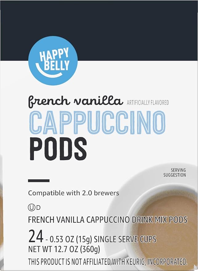 Amazon Brand - Happy Belly Cappuccino Coffee Pods Light Roast Compatible with 2.0 K-Cup Brewers, French Vanilla Flavored, 24 Count, 1.5 pound (Pack of 2)