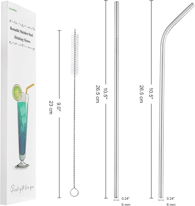 Set of 4 Reusable Metal Straws, Long Stainless Steel Straw with Cleaning Brushes and Case, Drinking for 30 oz and 20 oz Tumblers.