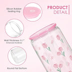 SANDJEST Floral Glass Can, Tulip Iced Coffee Aesthetic Cup, Gift for Christmas Birthday, Gifts for Women Girls, 16oz