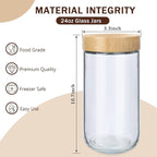 OcePor 6 Pack 24oz Glass Jars with Bamboo Lids, Over Night Oats Container with Airtight Lid, Glass Snack Storage Salad Jars For Food, Yogurt, Sugar and Flour,Coffee Bean, Cookie, Cereal