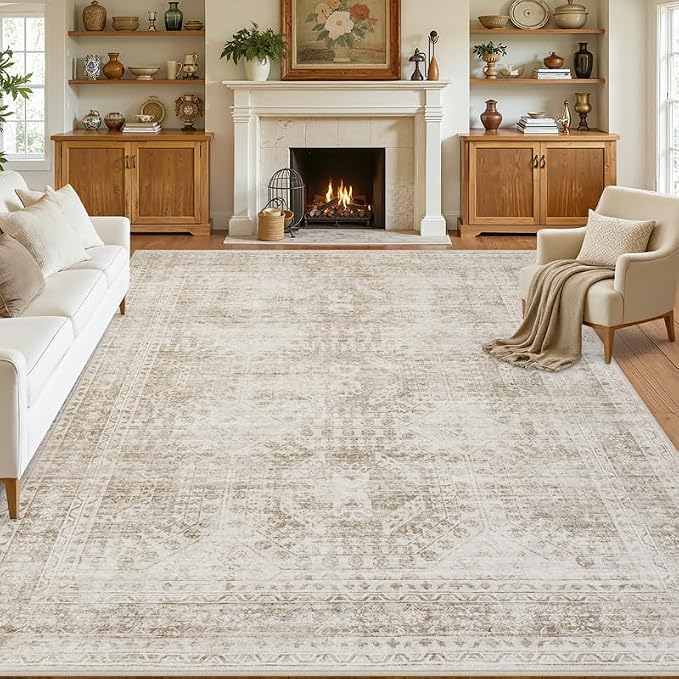 8x10 Area Rugs Living Room: Bedroom Neutral Washable Carpet Brown | Vintage by Luxturiy