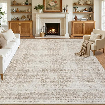 10x12 Area Rugs Living Room: Bedroom Neutral Washable Carpet Brown | Vintage - Image 8