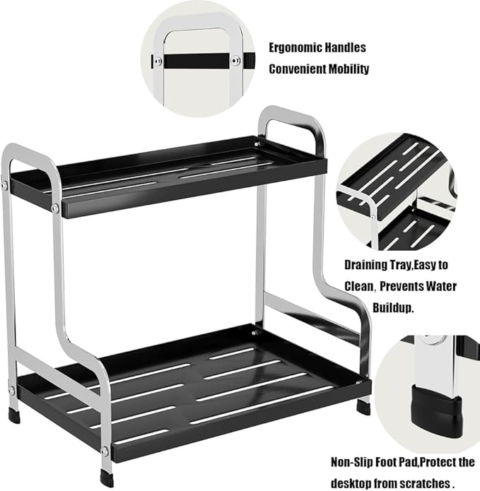 KISKIS Coffee Mug Cup Holder Space Saving 2-Tier Sturdy Stable Metal Storage Shelf, Prevent Falling Scratch Resistant Kitchen Rack Office Bathroom Desktop Organizer,White