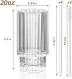 Ribbed Glassware Set of 4, 20oz Origami Style Drinking Glass Cup with Lid and Straw, Iced Coffee, Cocktail, Beer, Juice Stackable Drinking Glasses, Perfect for indoor and outdoor use