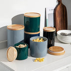 Sweejar Kitchen Canisters Ceramic Food Storage Jar, Stackable Containers with Airtight Seal Wooden Lid for Serving Coffee Bean, Flour, Tea, Spice and More - 39 Fl Oz (Navy)