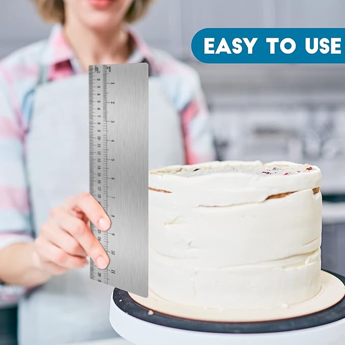 Nuenen 12 Inches Stainless Steel Cake Scraper with Scale Cake Edge Smoother Decorating Comb Baking Scraper Tool for Baking Measuring Buttercream Home Kitchen Accessory