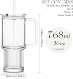 KEMORELA 2-Pack 26oz Ribbed Glass Tumblers with Handle and Lid – Large Aesthetic Iced Coffee Cups with Straws, Modern Textured Glass Mugs for Smoothies, Tea, Juice & Cold Beverages, Dishwasher Safe