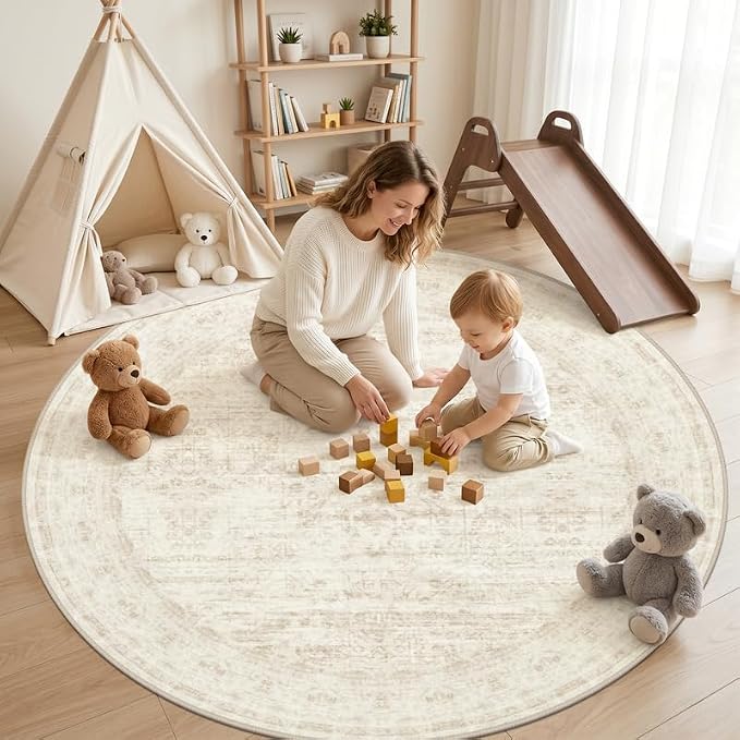 Round Area Rug Living Room: 6ft Washable Carpet Retro Beige | Vintage Boho - Image 3