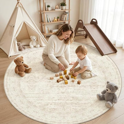 Round Area Rug Living Room: 8ft Washable Carpet Retro Beige | Vintage Boho - Image 3