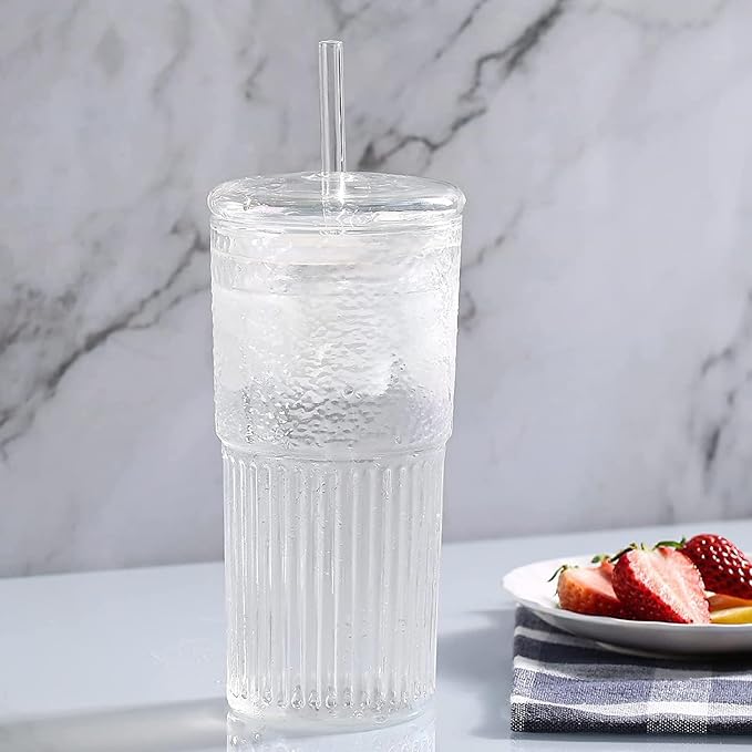 Glass Cups With Lids and Glass Straws，20 OZ High Borosilicate Glass Tumbler Iced Coffee Water Smoothie…