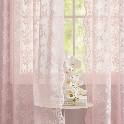 YJ YANJUN Vintage Lace Curtains Cute Pink Floral Cafe Curtains 45 inch Length 2 - Image 3