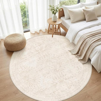 Round Area Rug Living Room: 8ft Neutral Washable Carpet Rug Beige | Vintage - Image 4