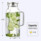 2 Quart (2 Liter 68 oz) Square Glass Pitcher with Lid and Spout, Water Pitchers with Handle for Fridge, Borosilicate Glass Carafe for Hot/Cold Drink, Large Jug for Iced Tea, Coffee,Juice,Milk,Beverage