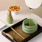 4pcs green ceramic matcha bowl with black speckles, perfect for matcha green tea, coffee, or as part of a matcha kit with whisk, sifter, and glass straws