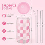 Checker 16 Oz Can Glass Tumbler with Acrylic Lid and Straw - Iced Coffee Cups for Women, Aesthetic Glass Cup Gift for Birthday Christmas