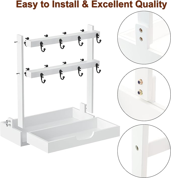MinBoo Coffee Mug Cup Stand Bamboo Counter Top with 16 Hooks 2 Tier Coffee Mugs Tree with Coffee Pod Drawer Countertop Mug Rack Shelf Organizer Stand for Home Coffee Bar Kitchen Storage Display White