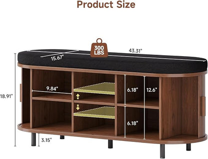 Oval Shoe Storage Bench with Padded Seat Cushion, 2-Tier Fluted Shoe Cabinet - Image 2