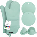 Rorecay 6pcs Oven Mitts and Pot Holders Sets Heat Resistant 500 Degrees, Extra Long Silicone Oven Gloves Non-Slip Potholders Hot Pads for Kitchen Baking Cooking, Quilted Liner, Bermuda Teal