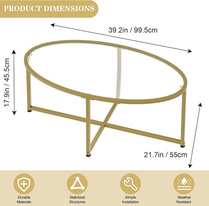 Wolawu Coffee Table Gold Oval Glass Coffee Tables - Image 2
