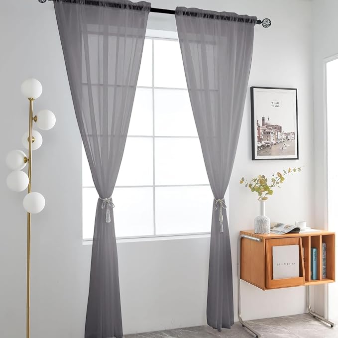 SpaceDresser Grey Sheer Curtains 4 Panels Rod Pocket Semi-Sheer Curtain 96 - Image 3