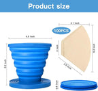 Collapsible Pour Over Coffee Dripper Set - Silicone Reusable Cone Filter Holders with 100Pcs Paper Filters - For Home, Camping, Travel, Office (1, Blue)