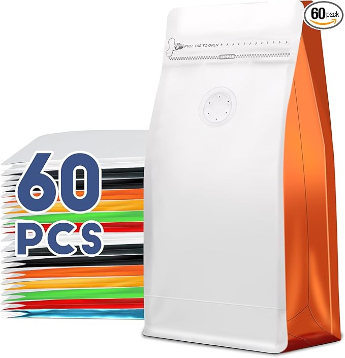 Coffee Bags with Valve(60pcs,16 oz,1 lb) Vented Coffee Beans Packaging Bags High Barrier Aluminumed Foil Flat Bottom Heat Sealed Side Zipper Resealable Storage Bag for Home or Business（White+Orange）