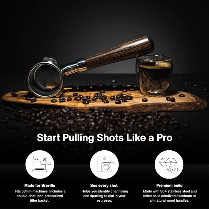 Crema Coffee Products 58mm Bottomless Naked Portafilter | Compatible with 58mm Breville Machines | Includes Double Shot Filter Basket | Sandalwood