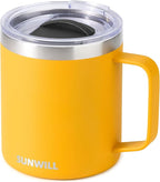 SUNWILL Insulated Coffee Mug with Lid, Travel Tumbler with Handle, 14 oz Stainless Steel Cup for Camping, Office, Home, Powder Coated Yellow