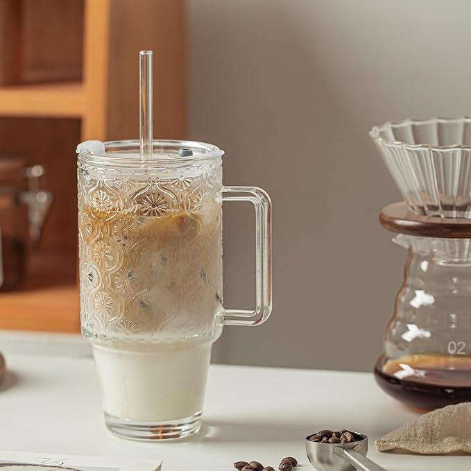 KEMORELA 2 Pack 24oz Glass Tumbler with Straw and Lid - Iced Coffee Cups with Handle, Reusable Smoothie Cup for Cold Drinks, Begonia Pattern, Dishwasher Safe