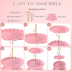 5 Pcs Dessert Table Display Set, Pink Plastic 2 Pcs Square 3 Tier Cupcake Stand Cup Cake Tower Stand with Metal Rod & 3 Pcs Serving Tray for Baby Shower, Tea Party, Wedding, Birthday Party