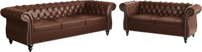 ORRD 2 Piece Living Room Set, Chesterfield Leather Sofa Loveseat Couch by ORRD