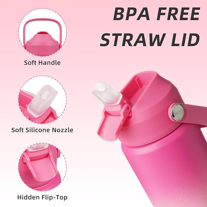 BJPKPK Insulated Water Bottle with Straw Lid, 18oz Thermos Water Bottles with Soft Nozzle, Flex Handle & Non-slip Boot, BPA Free Leak Proof Stainless Steel Metal Thermos, Tumblers, Cups,Cherry