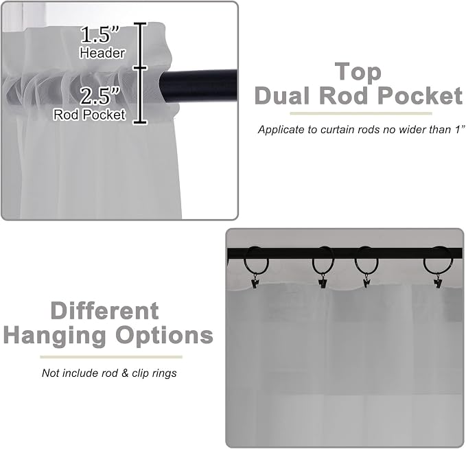 Kitchen Curtains 24 Inch Length Tier 2 Pieces, Light Grey Sheer Curtain Solid - Image 4